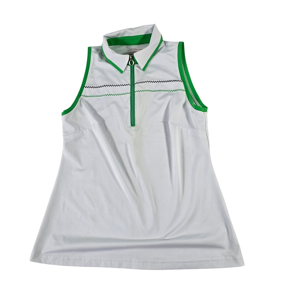 Kinona Women Sleeveless Golf Polo Top White Green Quarter Zip XXS Italian Fabric